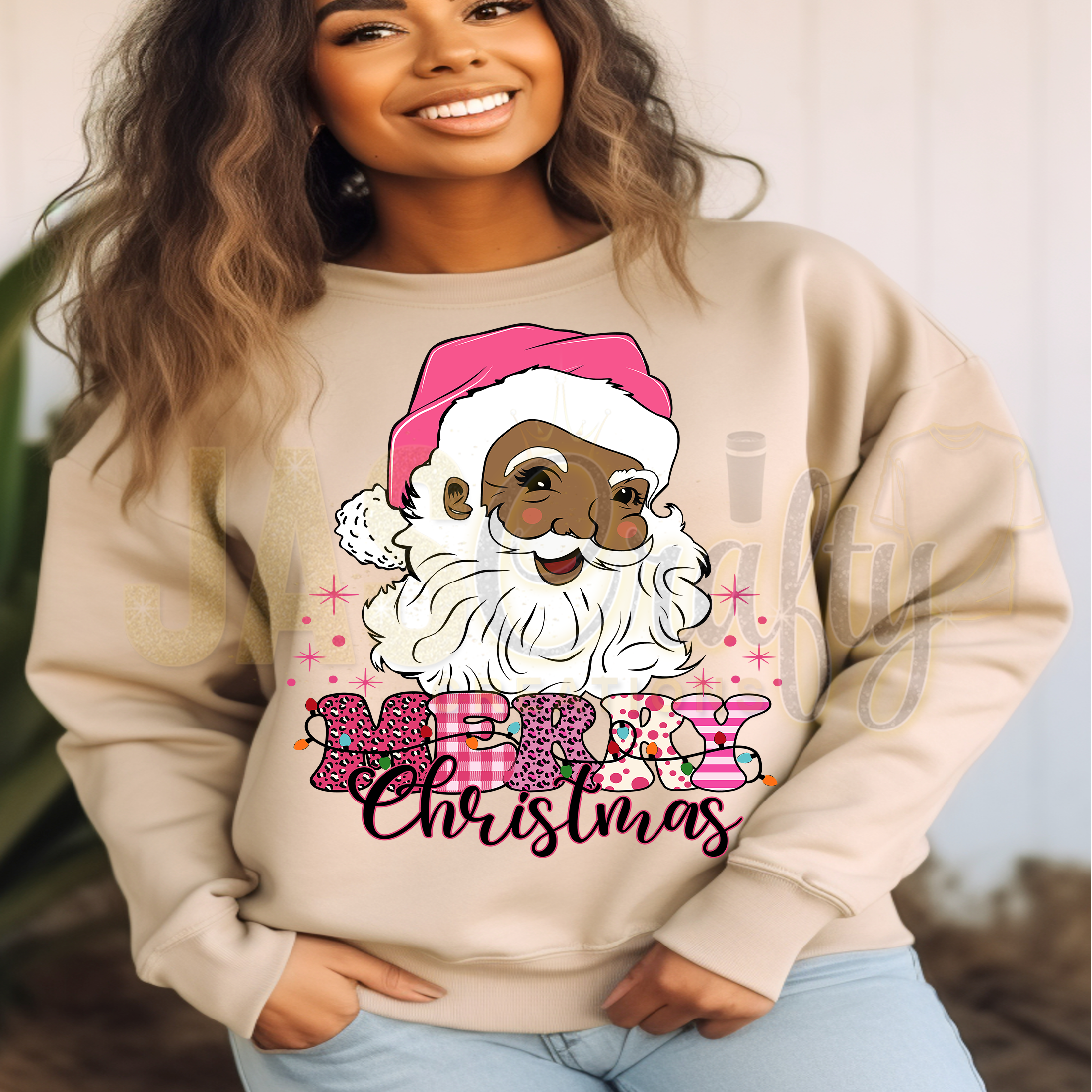 BLACK SANTA PINK MERRY CHRISTMAS SWEATSHIRT