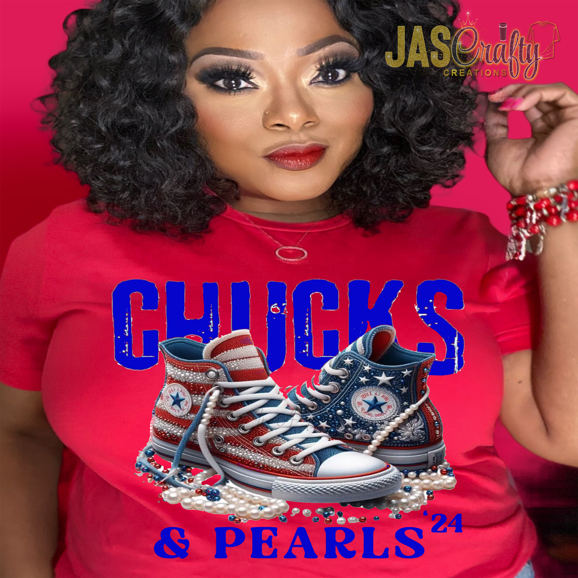 CHUCKS AND PEARLS PATRIOTIC DISTRESSED BLUE TSHIRT