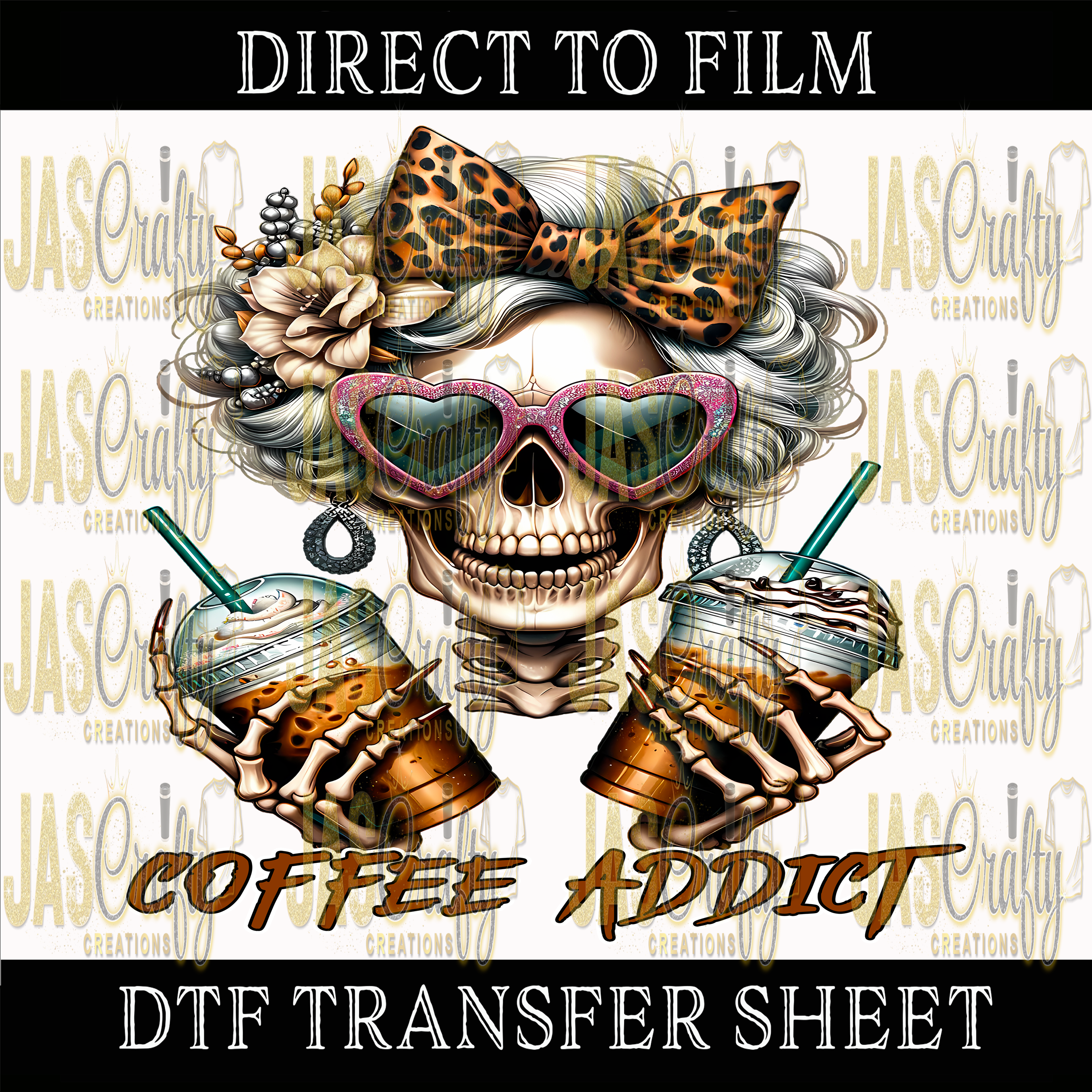 COFFEE ADDICT SKELETON READY TO PRESS TRANSFER