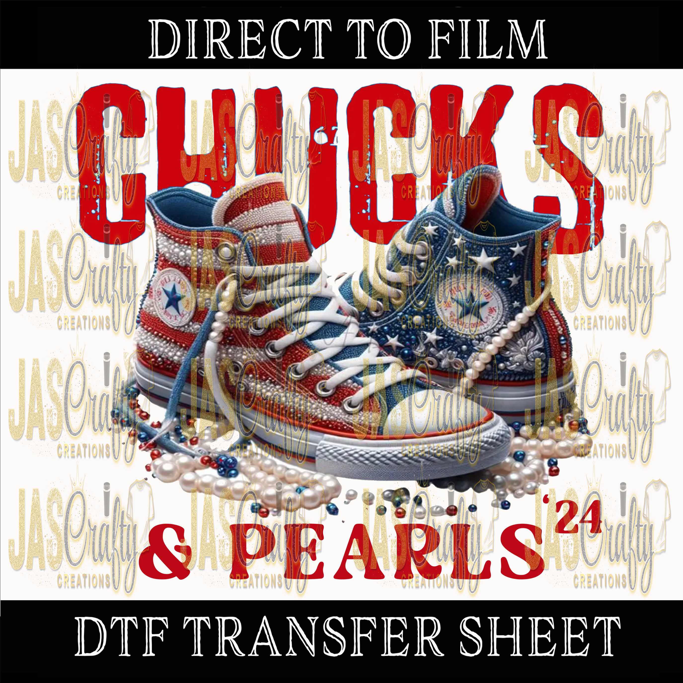 CHUCKS AND PEARLS PATRIOTIC DISTRESSED RED READY TO PRESS TRANSFER