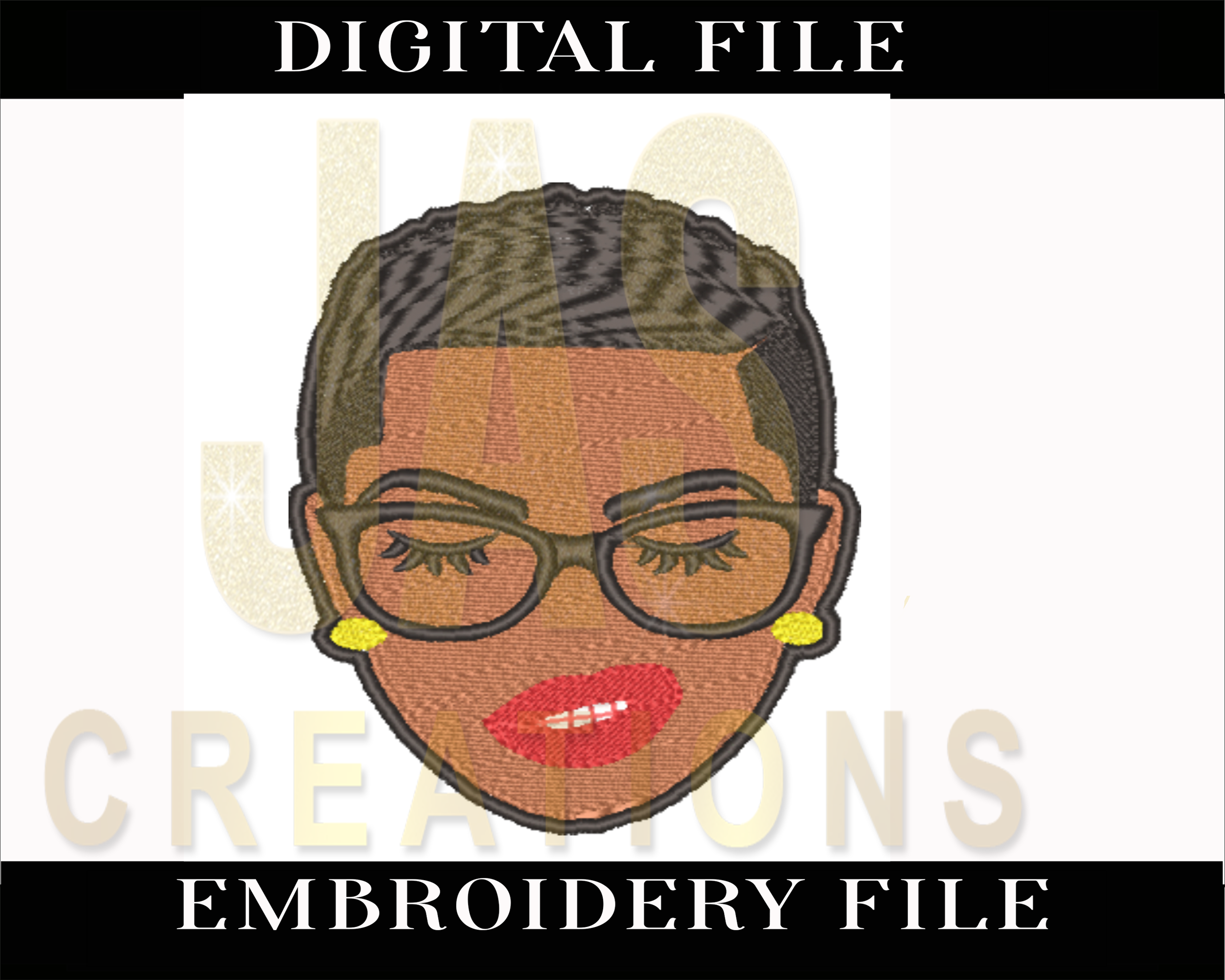 BLACK LADY WITH GLASSES EMBROIDERY DESIGN